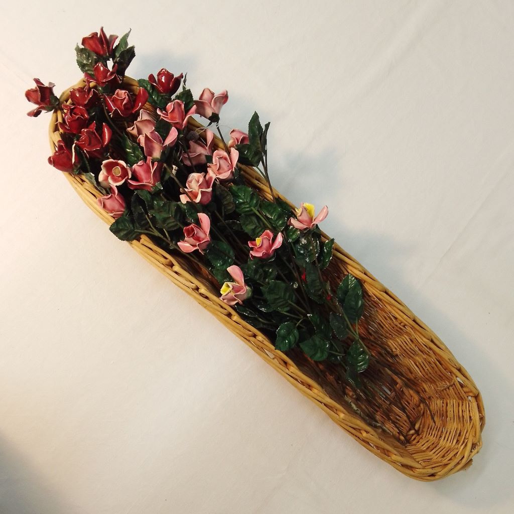 French vintage ceramic long stemmed roses in a basket from French Originals NZ