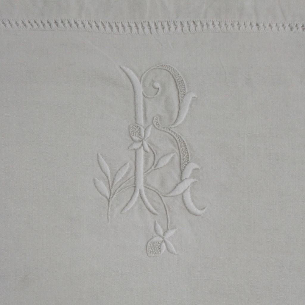 Embroidered french vintage bed sheet initial R from French Originals NZ
