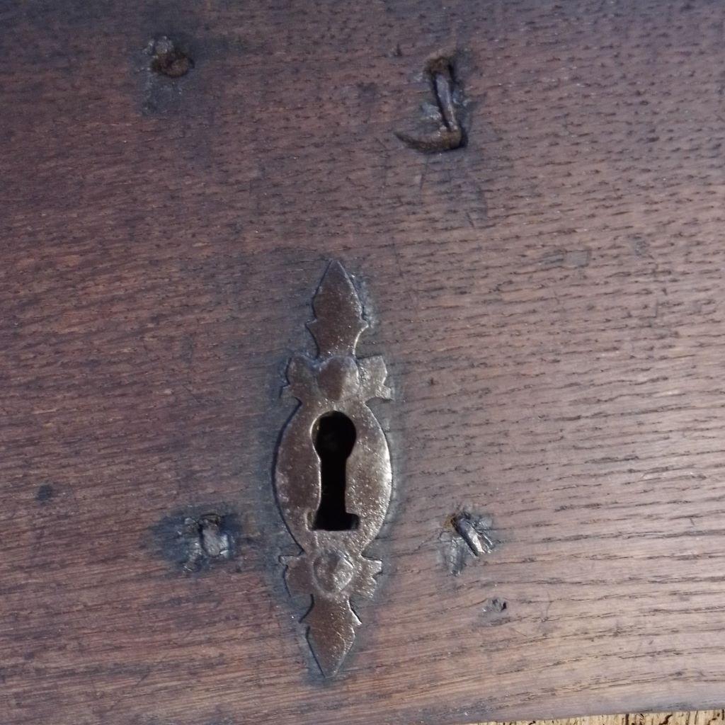 18th century iron eschutcheon on antique chest at French Originals NZ