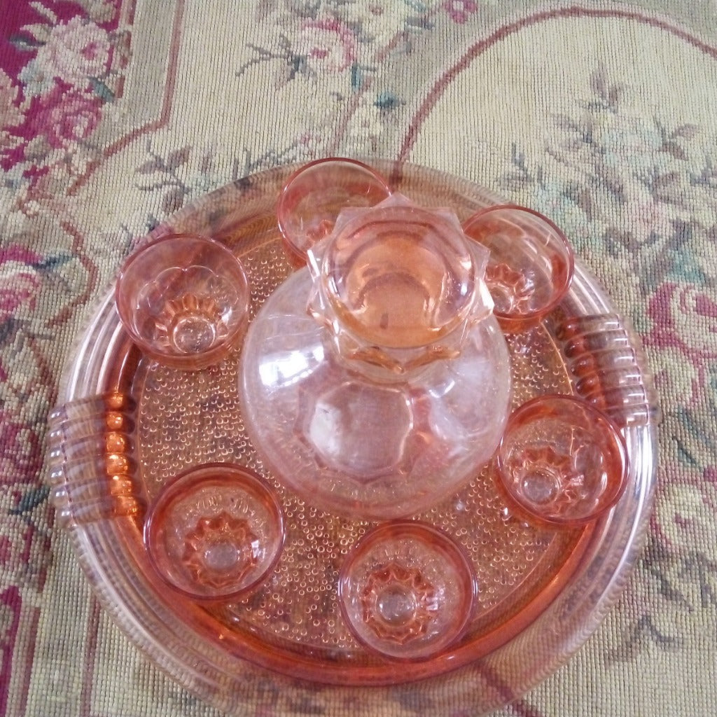 French vintage Rosaline decanter and glass set at French Originals NZ