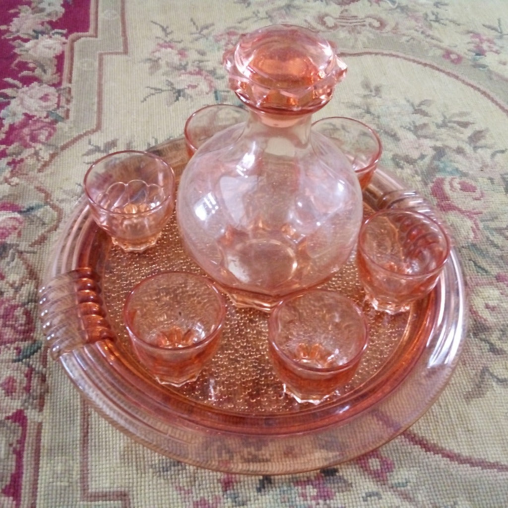 French Vintage Rosaline decanter and glasses set at French Originals NZ