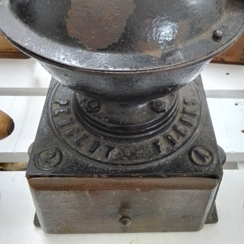 A2 Peugeot Freres mark on antique french coffee grinder at French Originals NZ