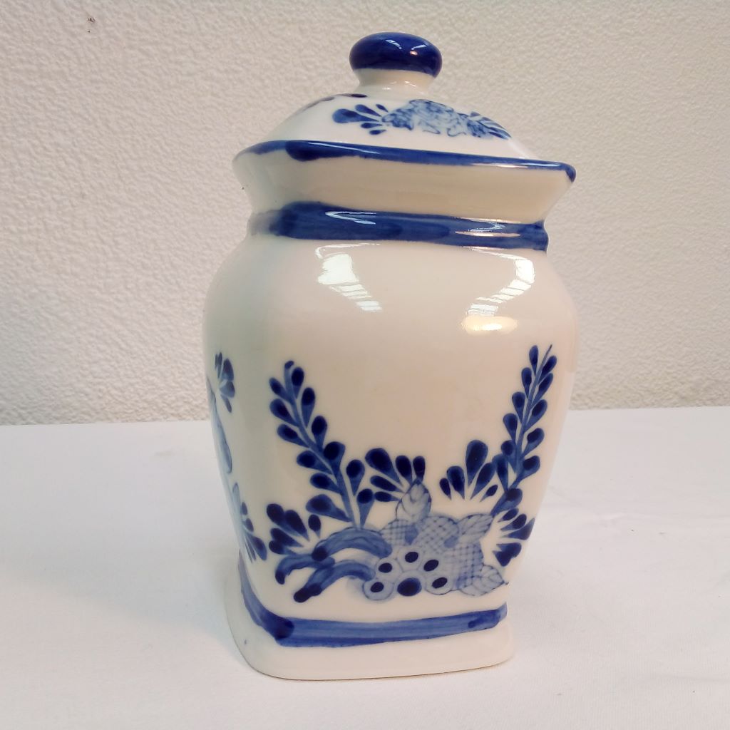 blue and white cermic storage jar at French Originals NZ