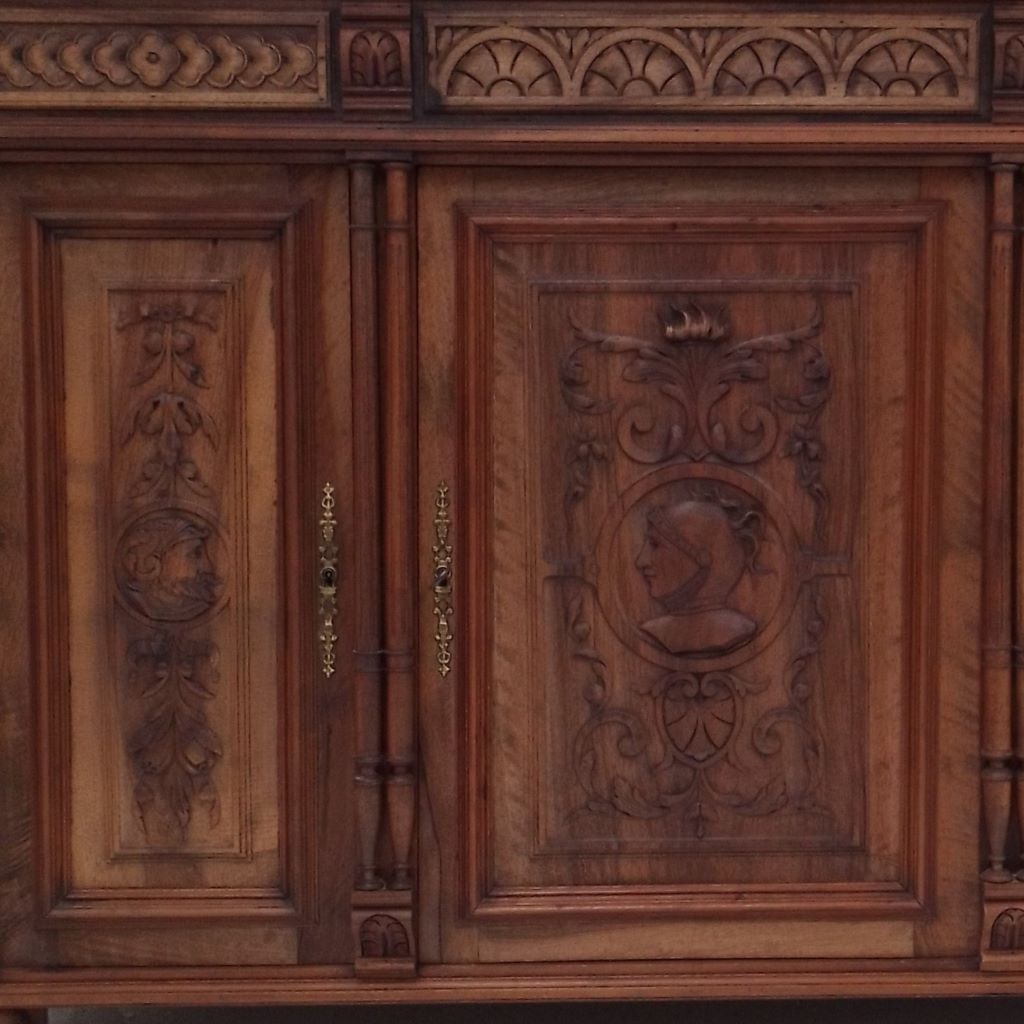 Carvings on door of French antique sideboard at French Originals NZ