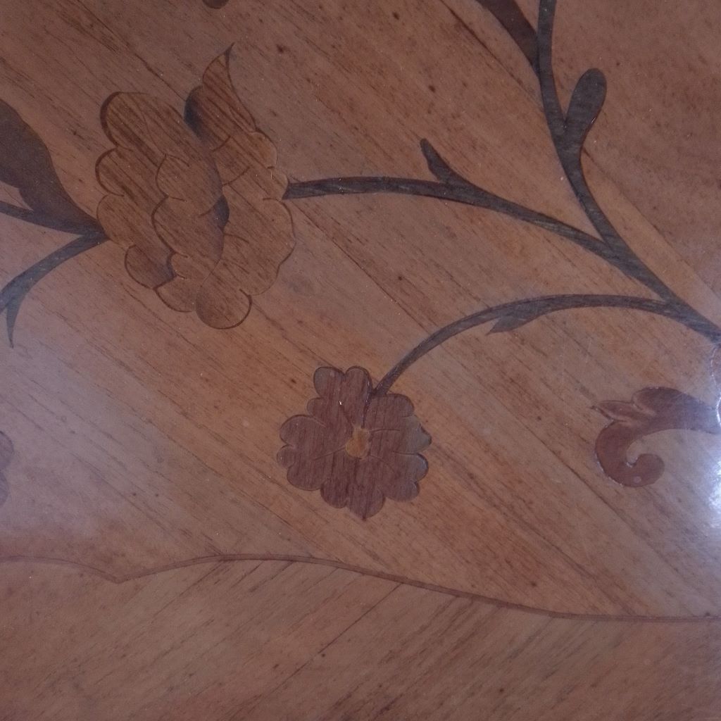 delicate marquetry inlay work of flower on French  desk at French Originals NZ