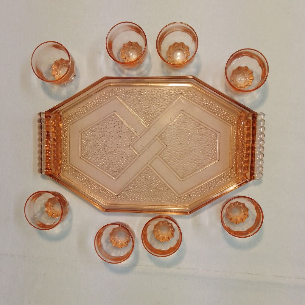 French art Deco glass Rosaline tray and glasses from French Originals NZ