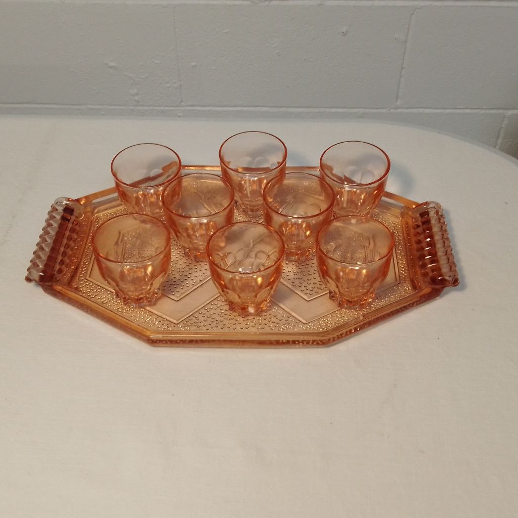 French Art Deco pink glasses and glass tray set from French Originals NZ