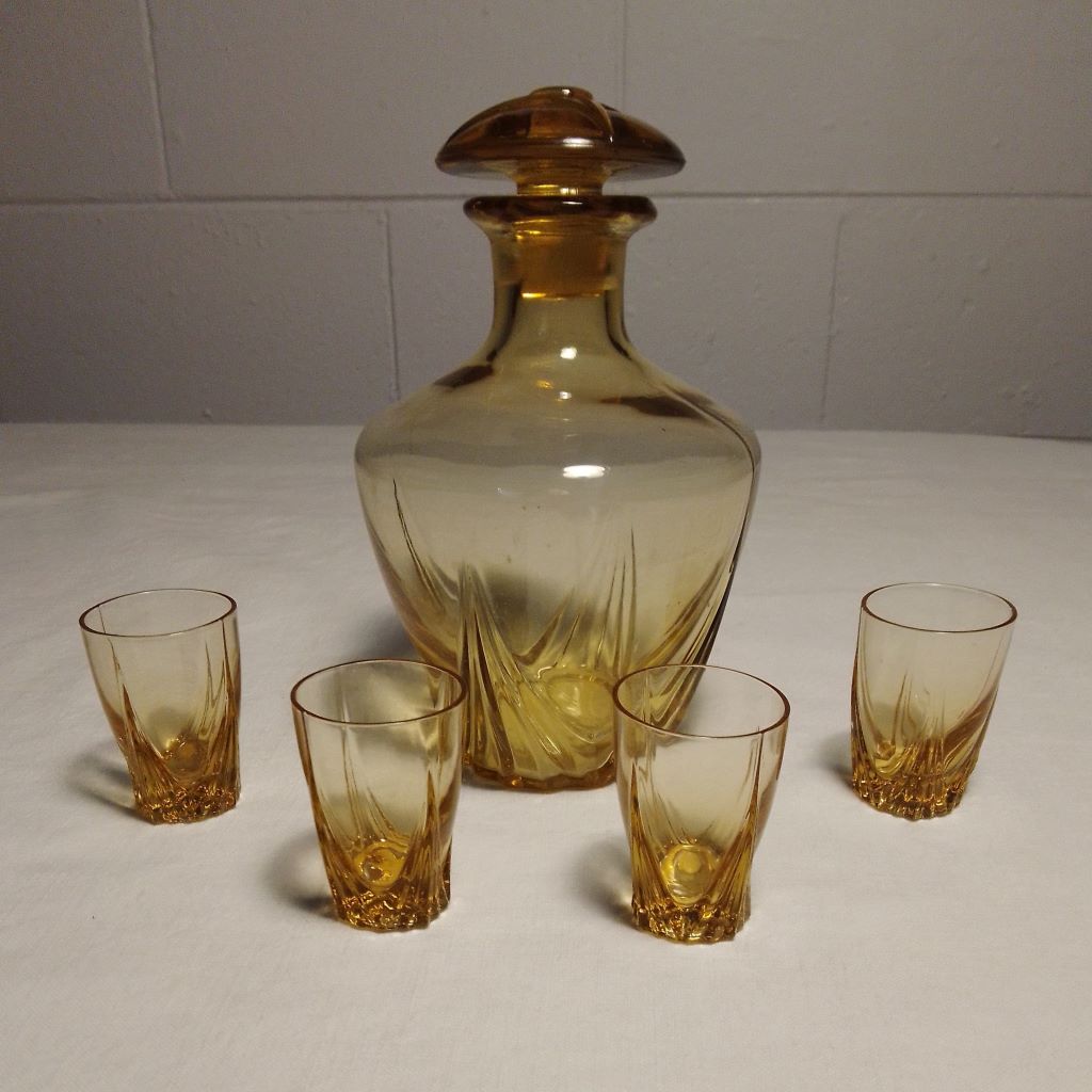 French vintage amber glass decanter set from French Originals NZ