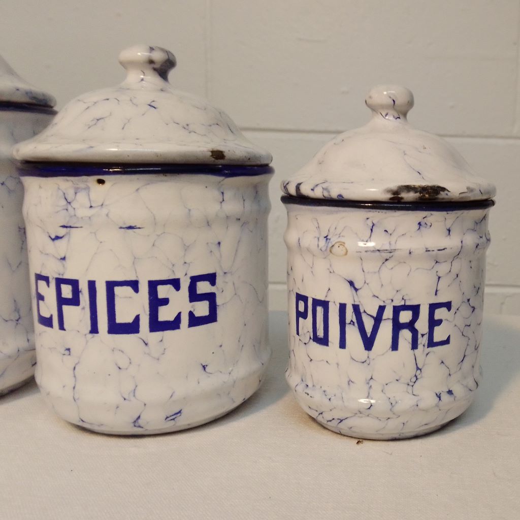 French vintage blue enamel canisters Epices and Poivre from French Originals NZ