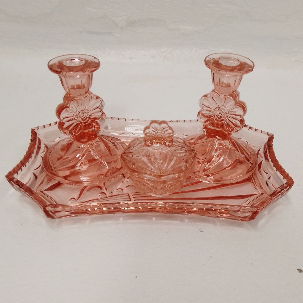 French Vintage pink glass dressing table set at French Originals NZ
