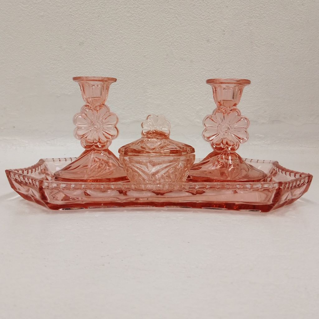 French vintage glass 2 candleholders one trinket bowl on tray at French Originals NZ