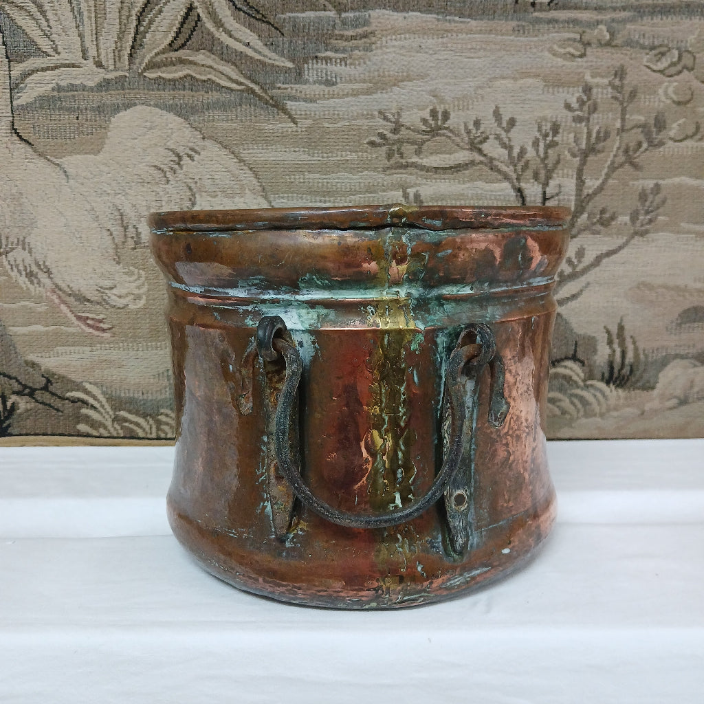 Antique handmade copper pail with steel handles at French Originals antiques