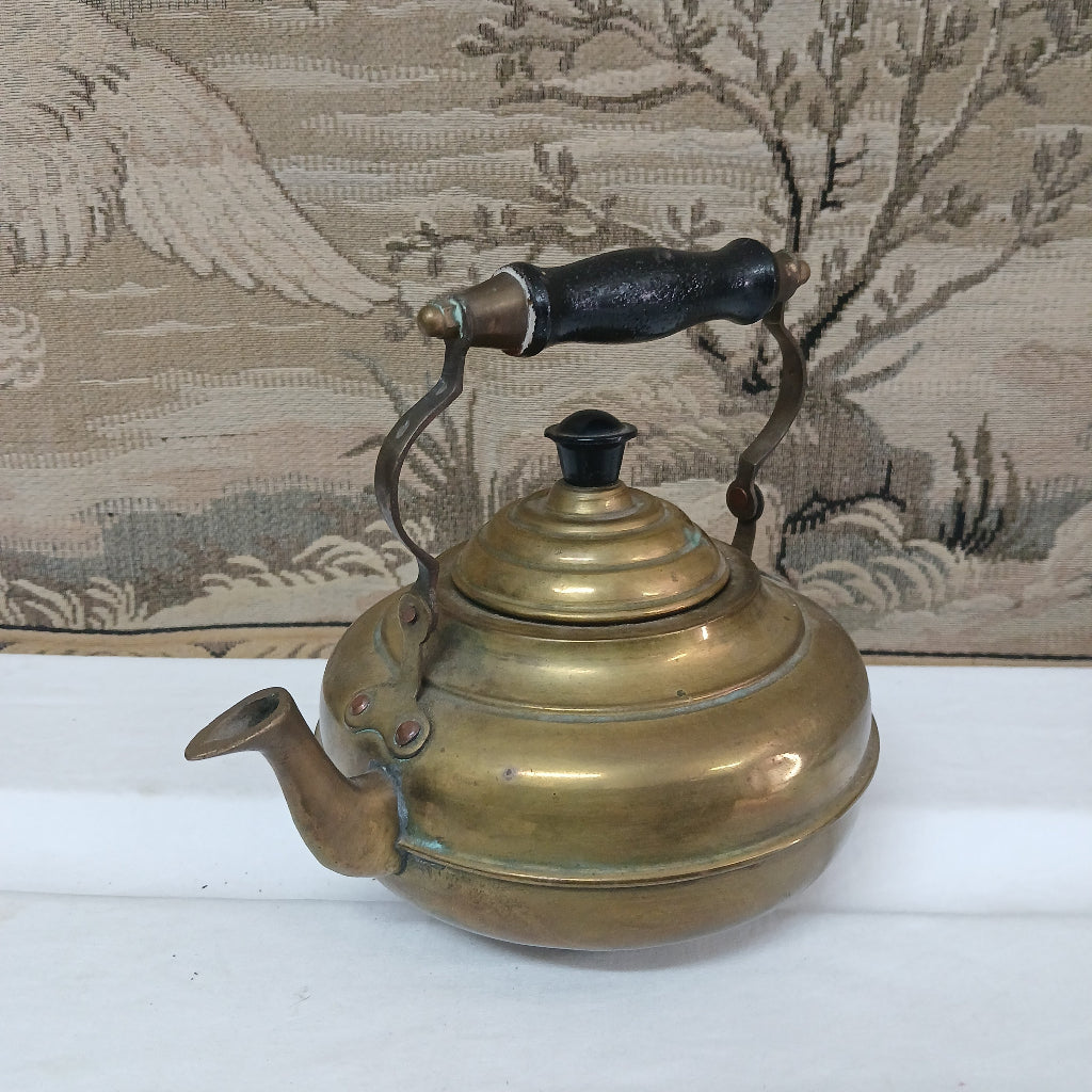 Vintage brass kettle with black handle and top at French Originals antiques