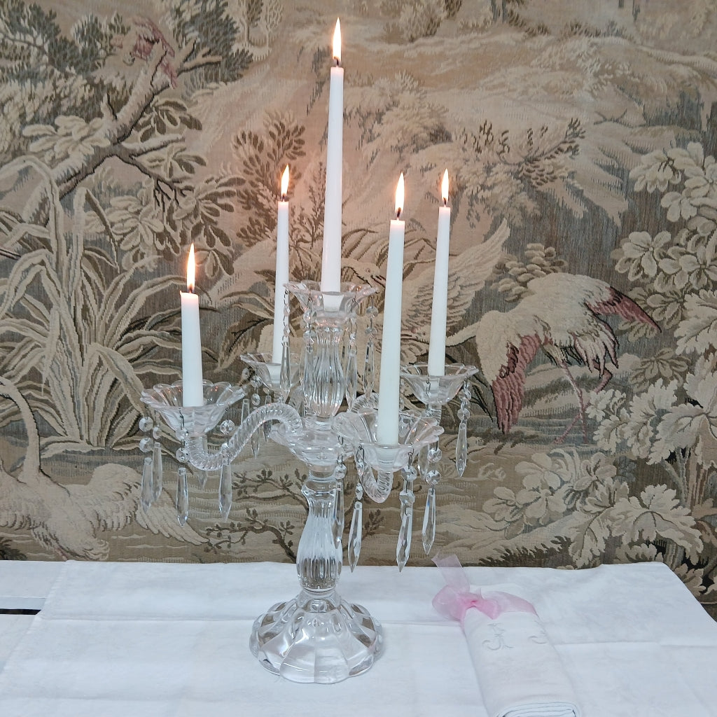 French glass candelabra with tapestry background at French originals antiques