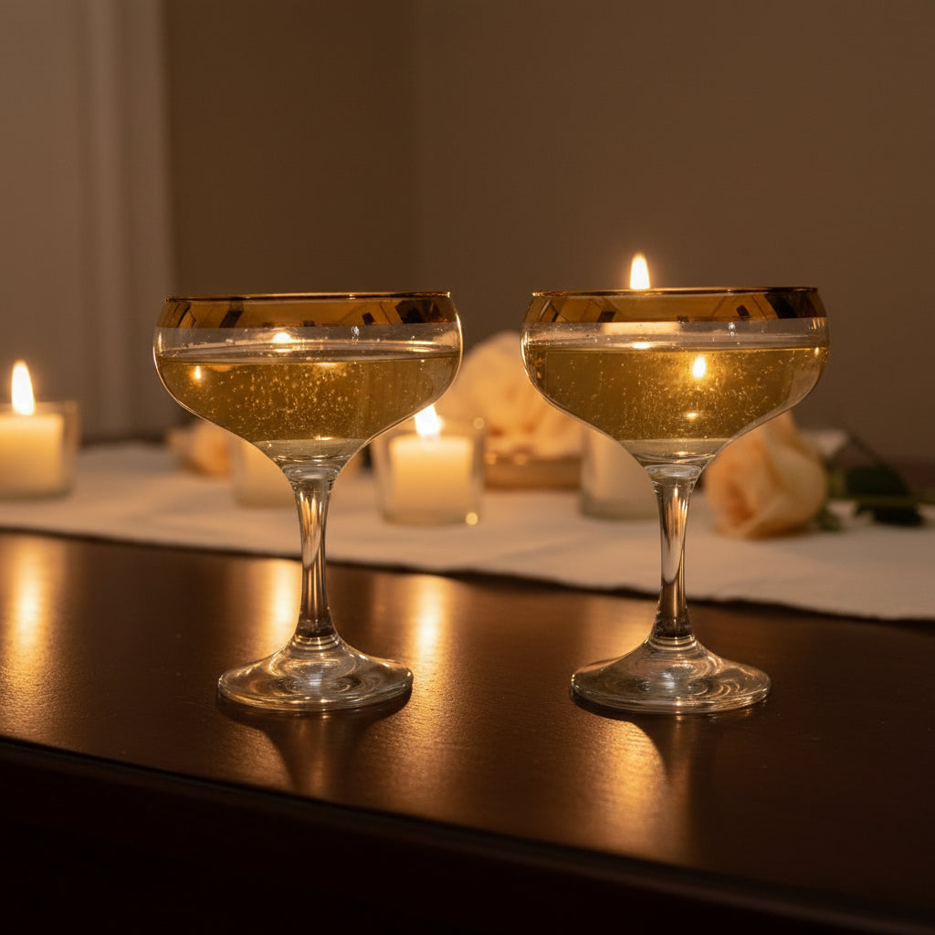 romantic scene with champagne in coupes and candlelight at French Originals antiques
