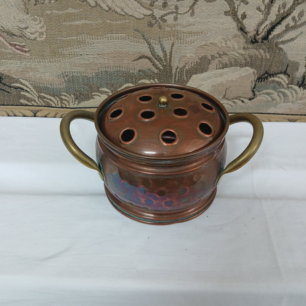 Copper container with brass handles on white background at French Originals antiques