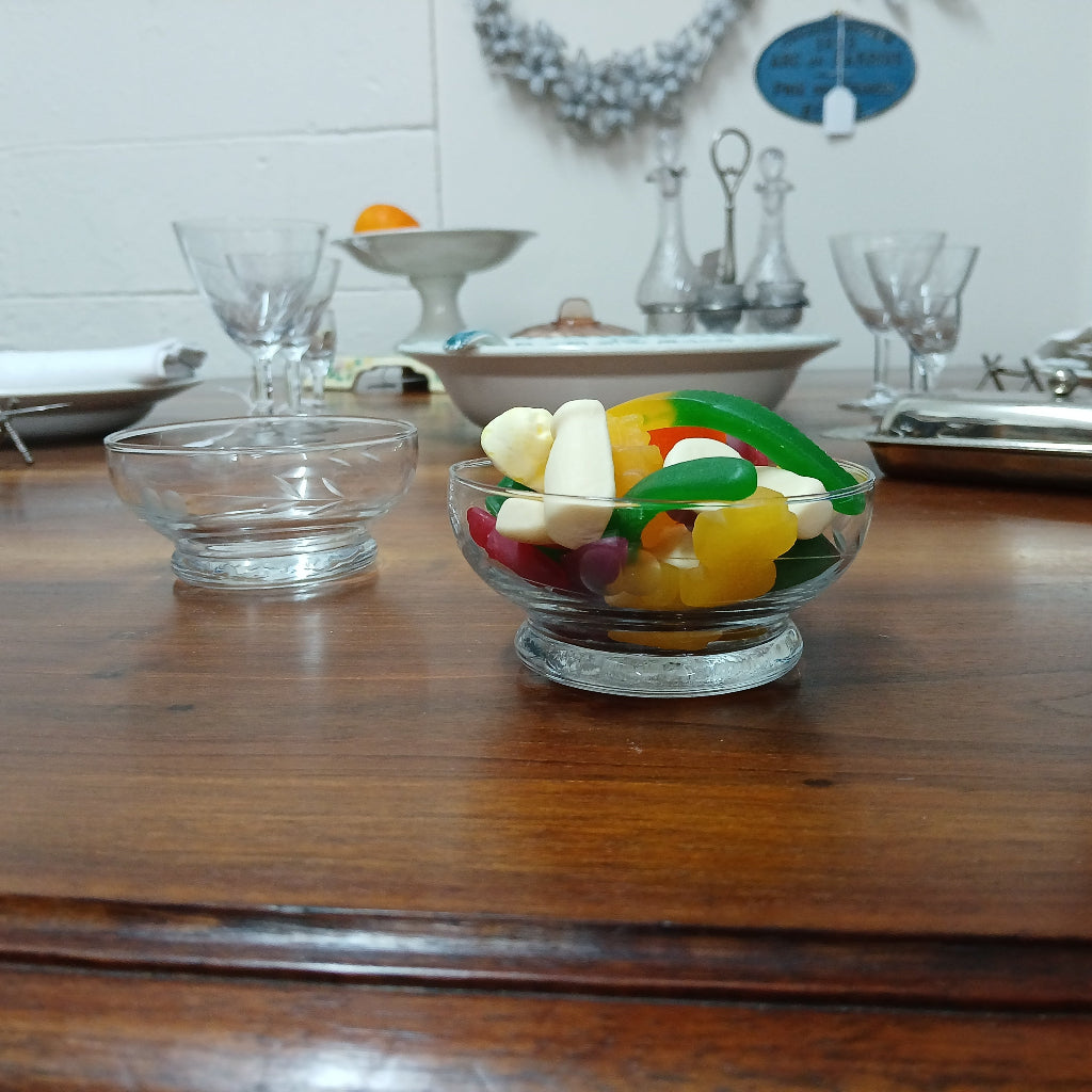 French Vintage etched lolly bowls on a wood table at French Originals antiques