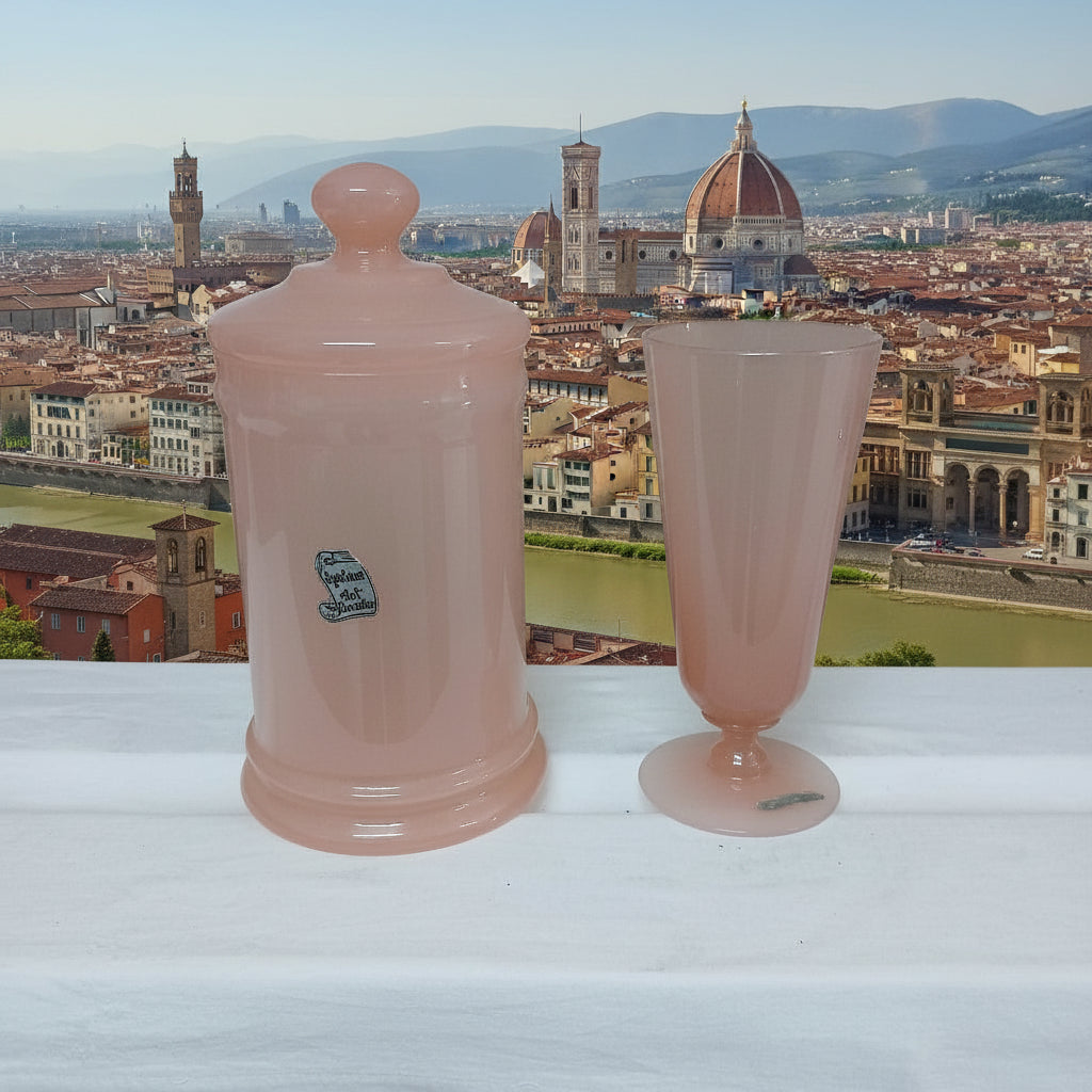two pink opaline vessels in front of Florence at French Originals antiques