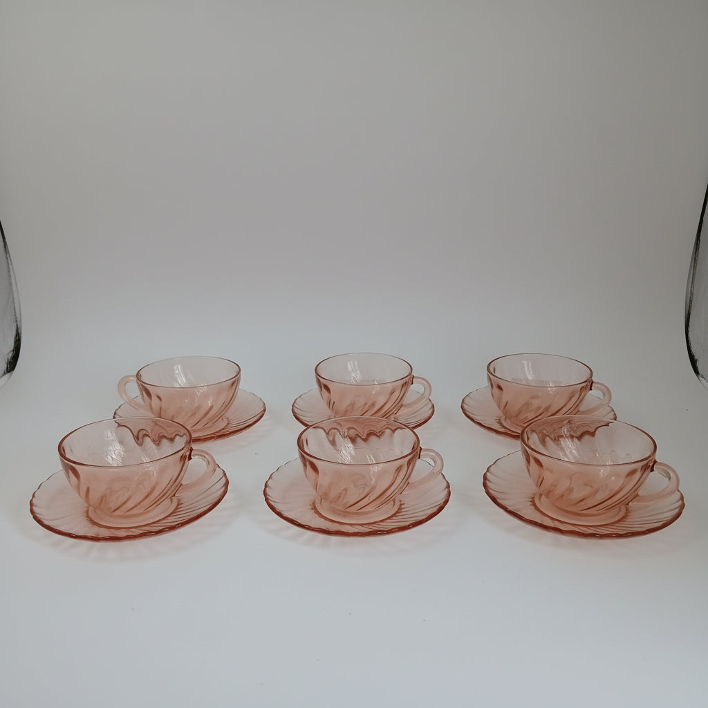 Pink glass cups and saucers at French Originals antiques