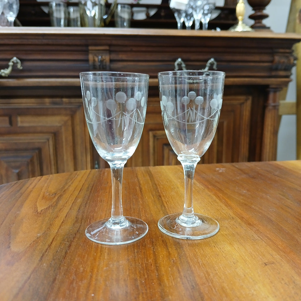 pair etched glasses on a wooden table at French Originals antiques