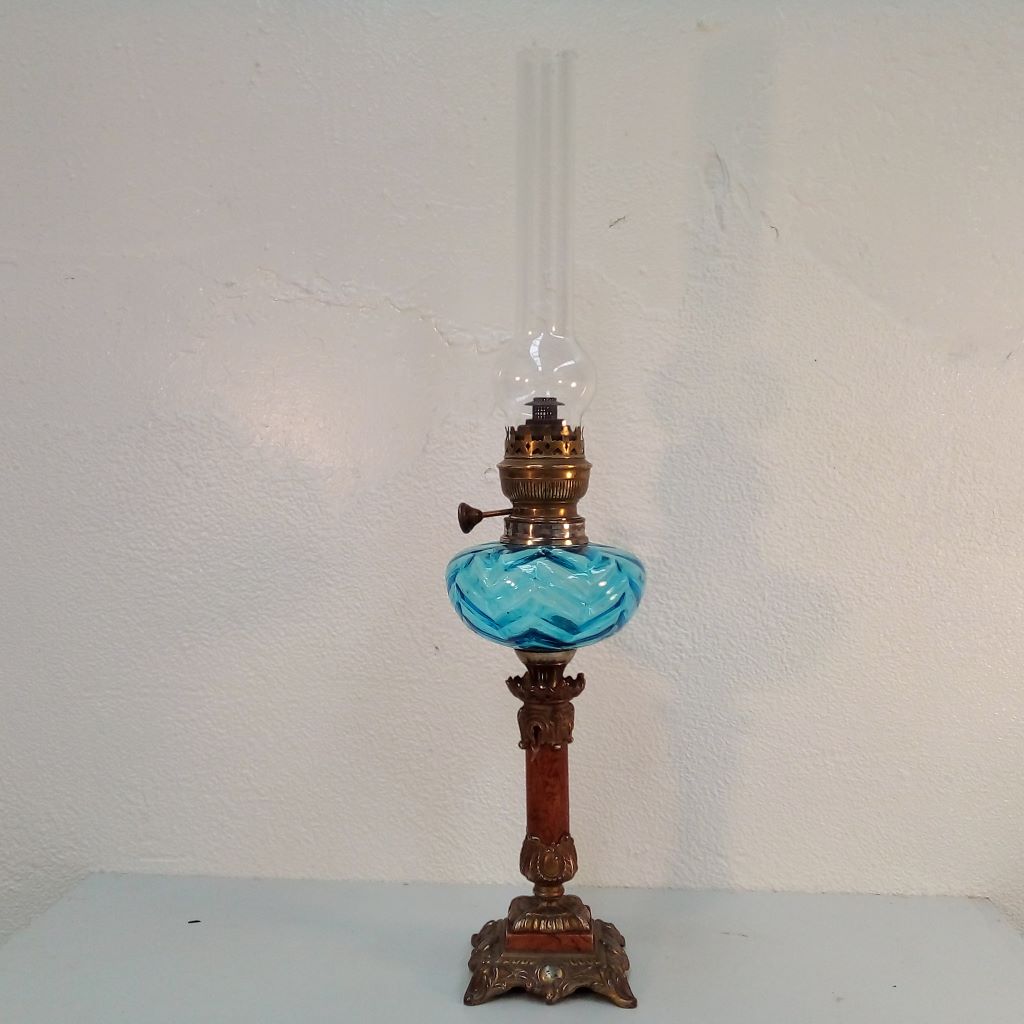 French antique blue glass and marble oil lamp at French Originals NZ