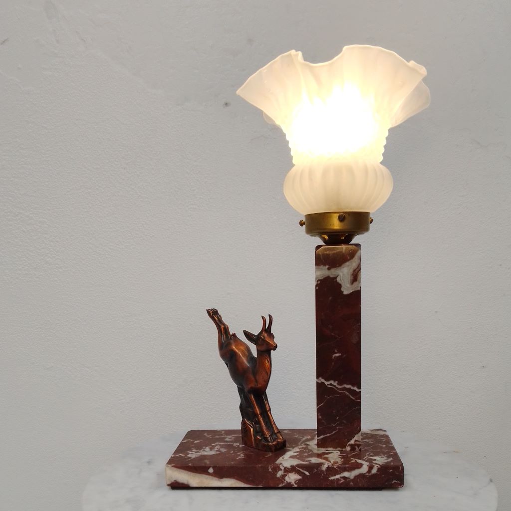 French antique deer and marble base lamp at French Originals NZ