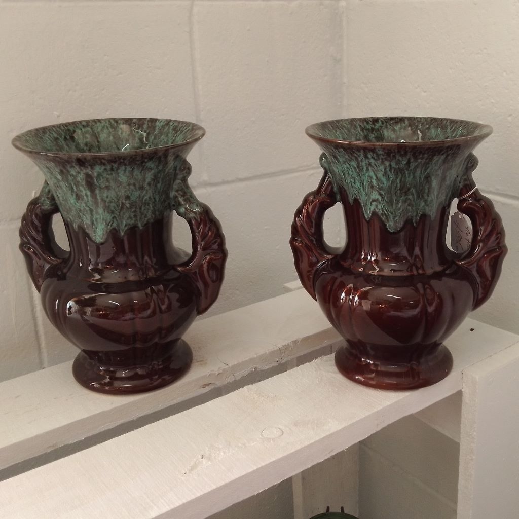 French vintage brown and green Gilbert Cafe ceramic vases at French Originals NZ
