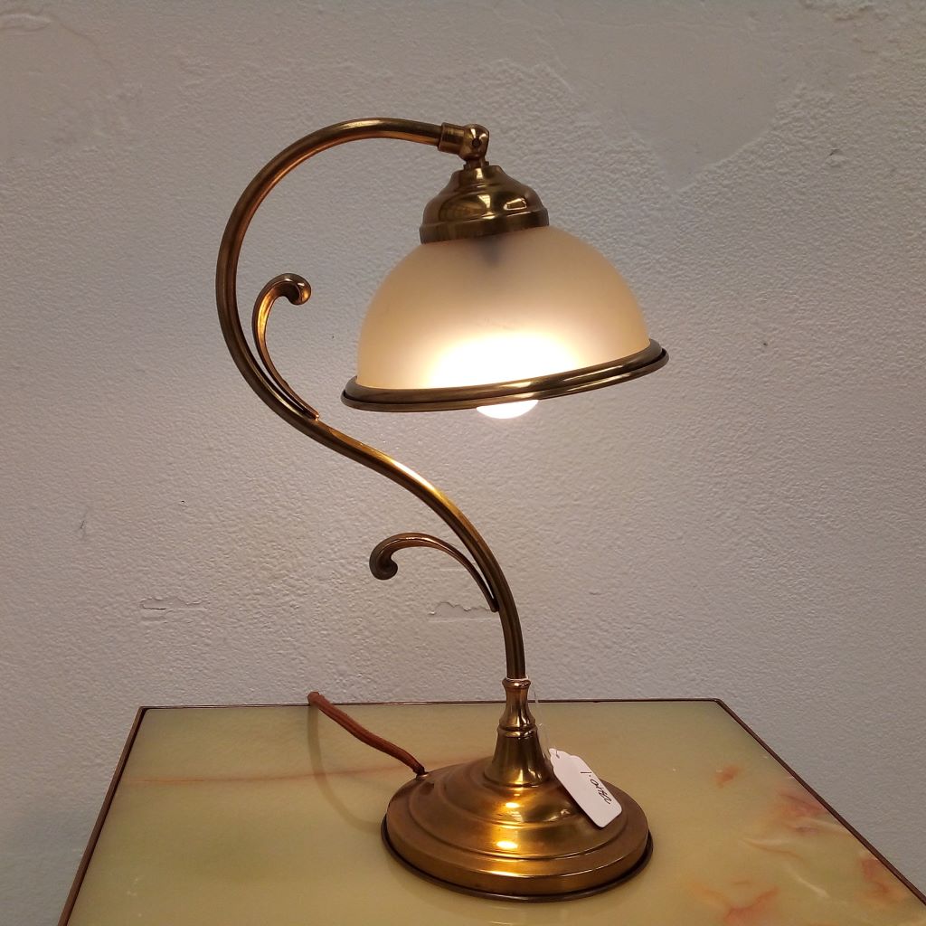 French vintage curving brass lamp with frosted glass shade at French Originals NZ