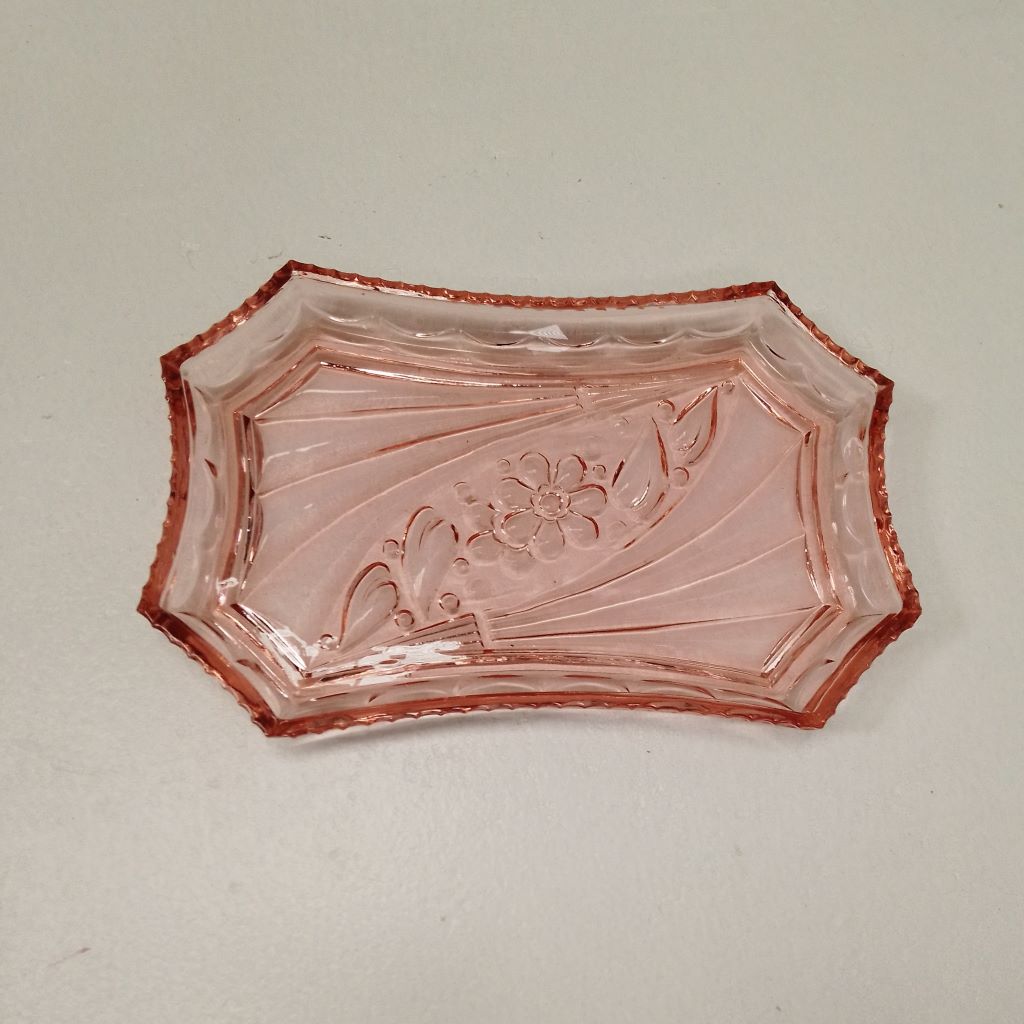 French vintage pink glass tray with flower and leaf design at French Originals NZ