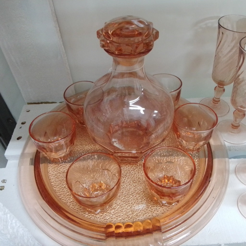 Vintage French decanter set in pink glass at French Originals NZ
