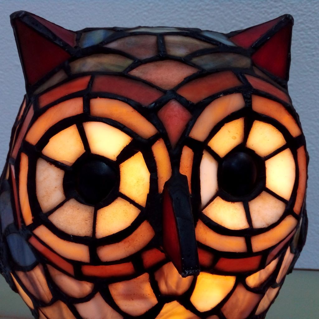 large owl eyes on leadlight lamp at French Originals NZ
