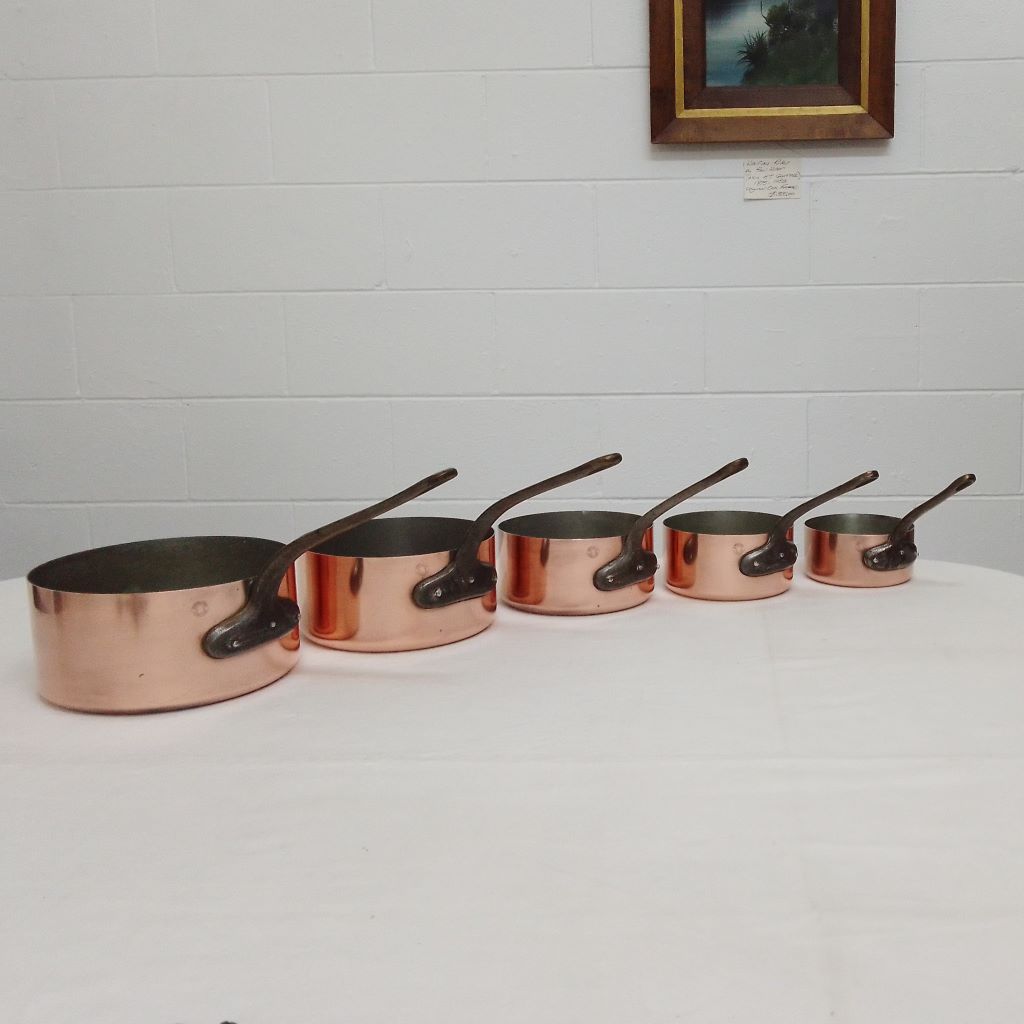 Set of Five French copper pots at French Originals NZ