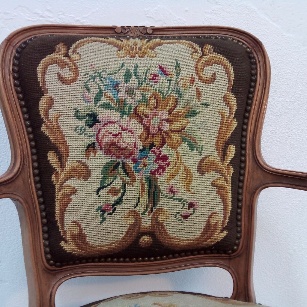 tapestry back of French vintage Louis XV chair at French Originals NZ