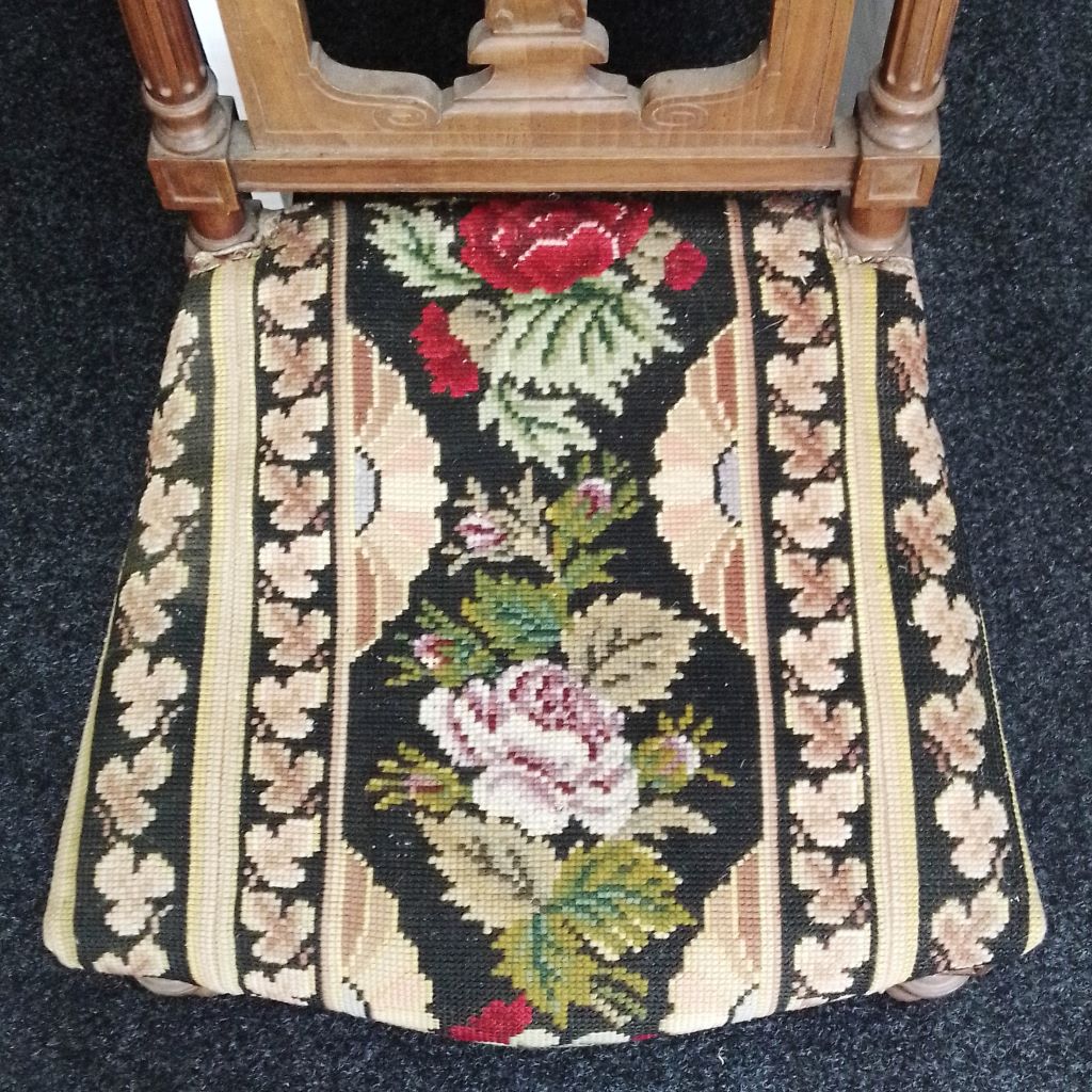 tapestry seat of French antique prayer chair at French Originals NZ