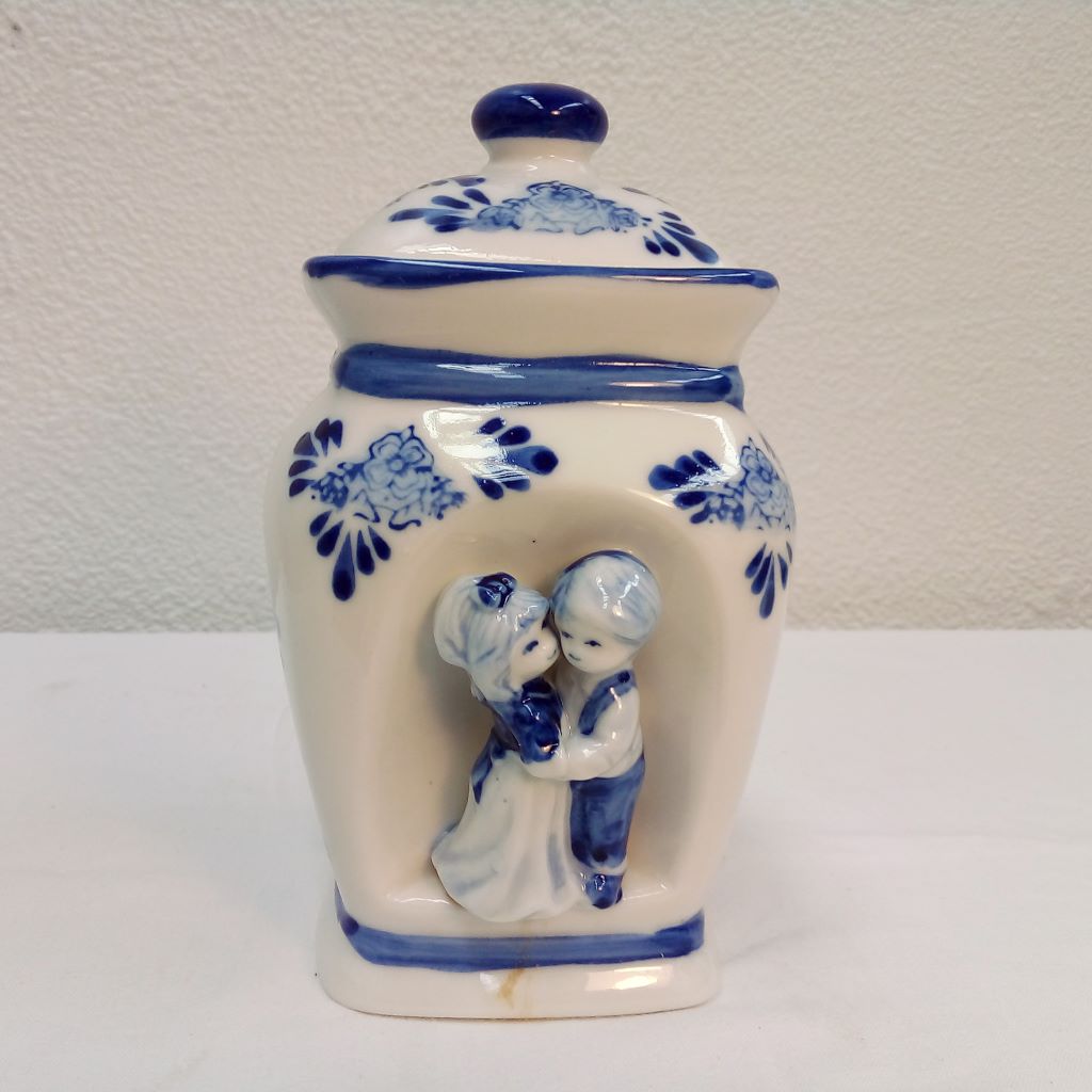 blue and white ceramic jar with couple on it at French Originals NZ