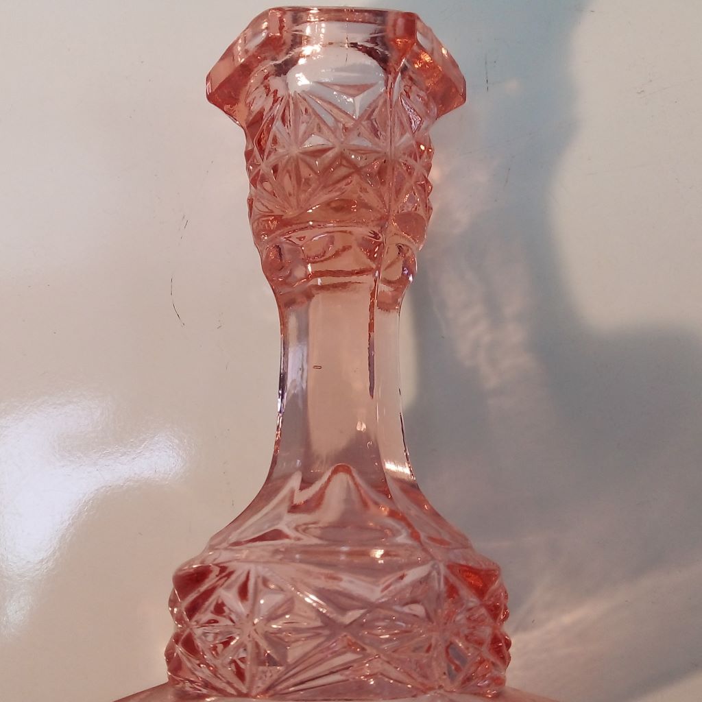 French vintage pink glass candle holder closeup at French Originals NZ