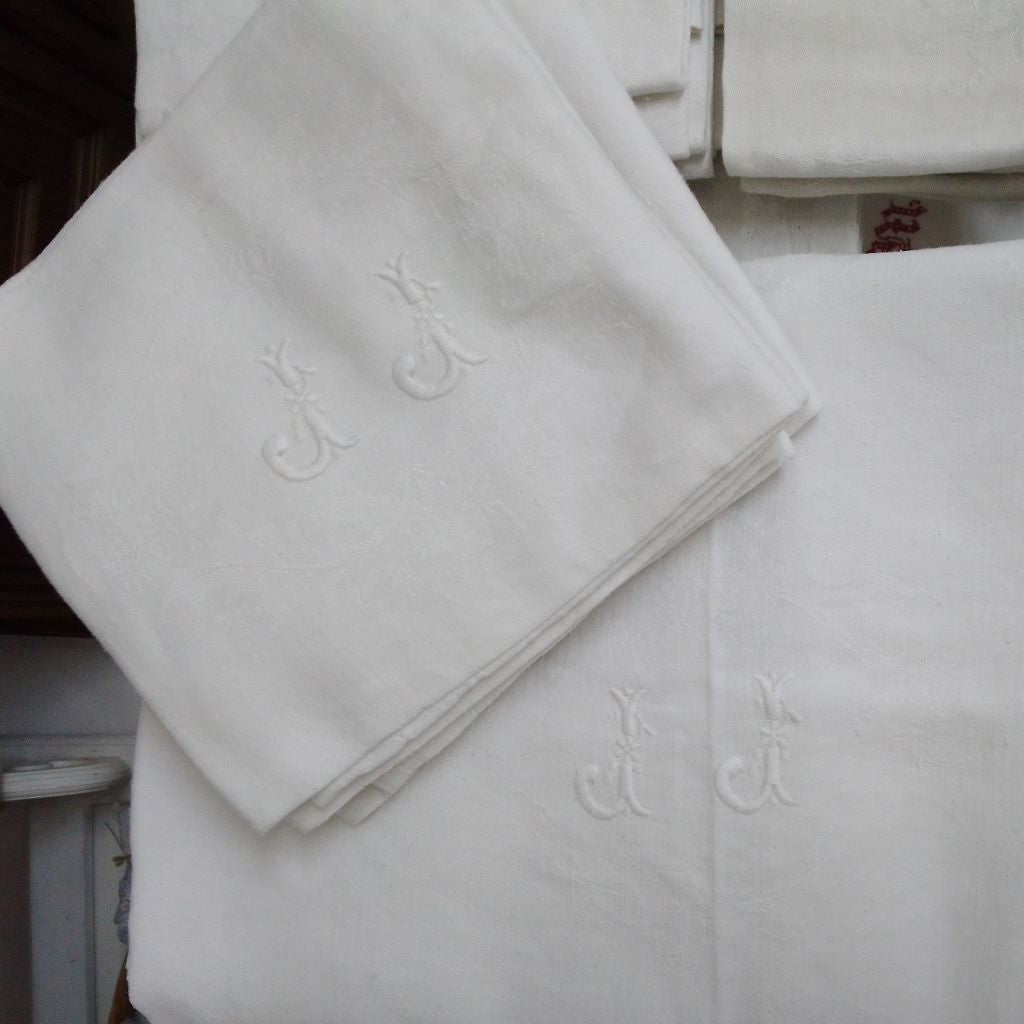 French vintage embroidered initials J J napkins and tablecloth at French Originals NZ