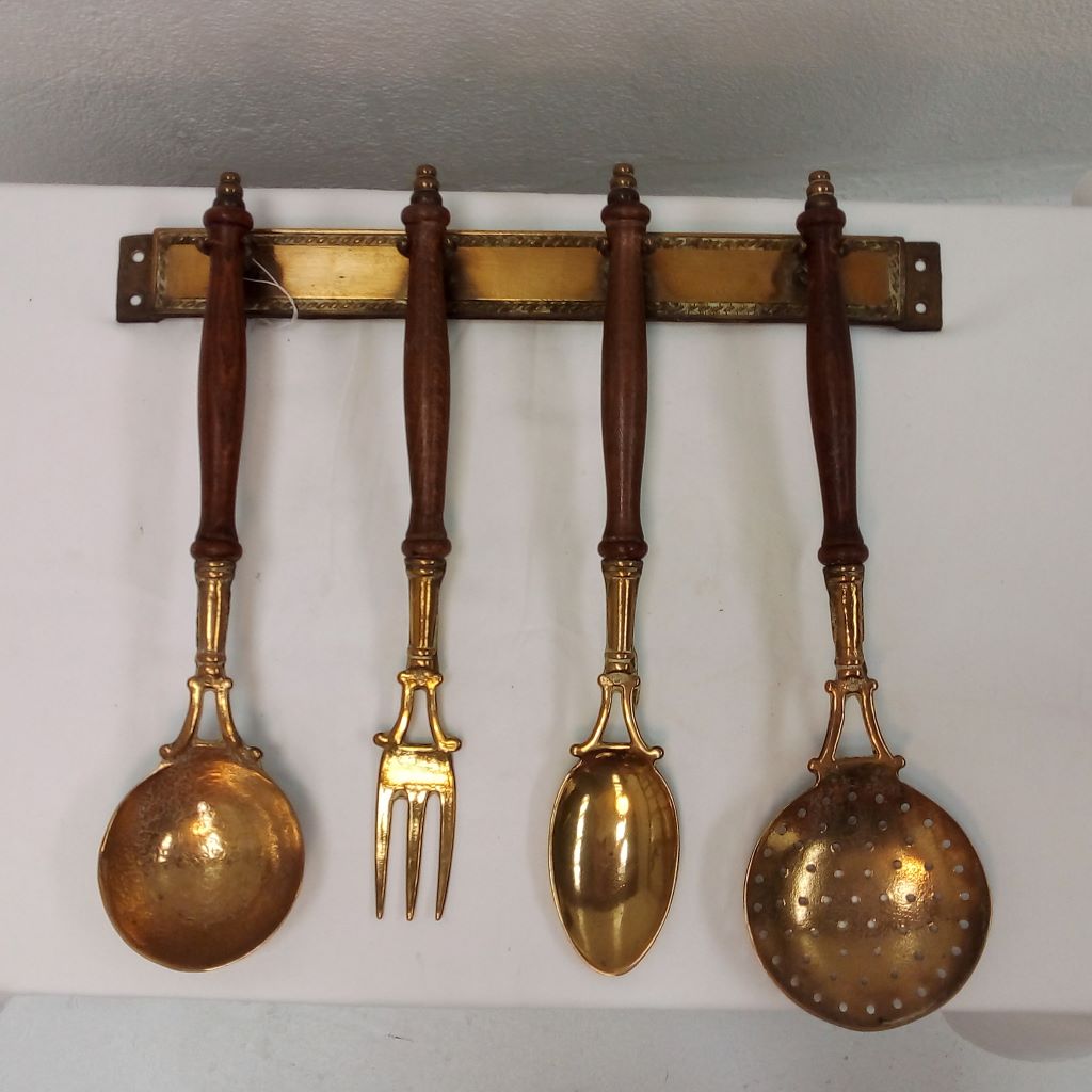 set of four hanging brass French kitchen utensils at French Originals NZ