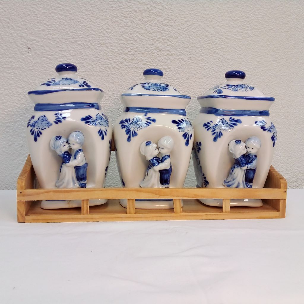 set of three French jars in wooden rack at French Originals NZ