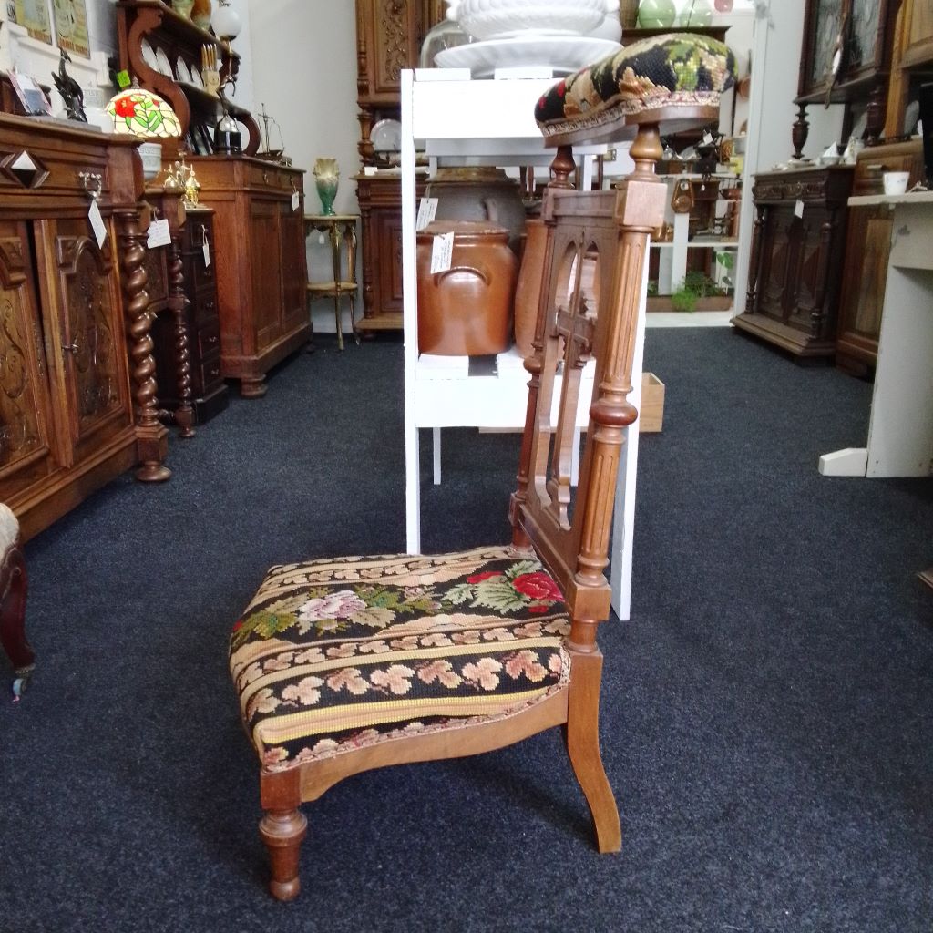 side view of French antique Prie Dieu chair at French Originals NZ
