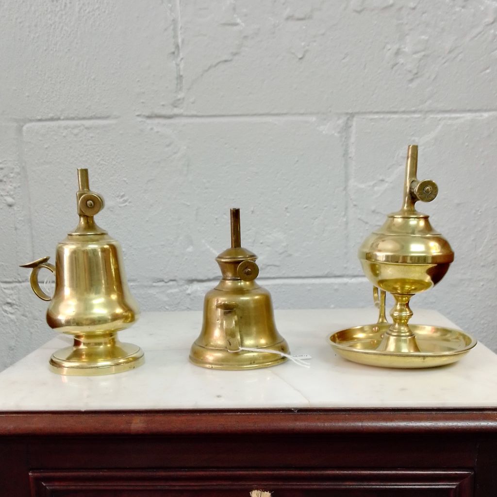 three French antique brass whale oil lamps at French Originals NZ