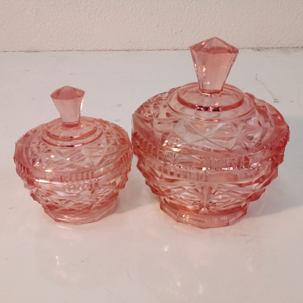 two pink glass French vintage cosmetic jars at French Originals NZ