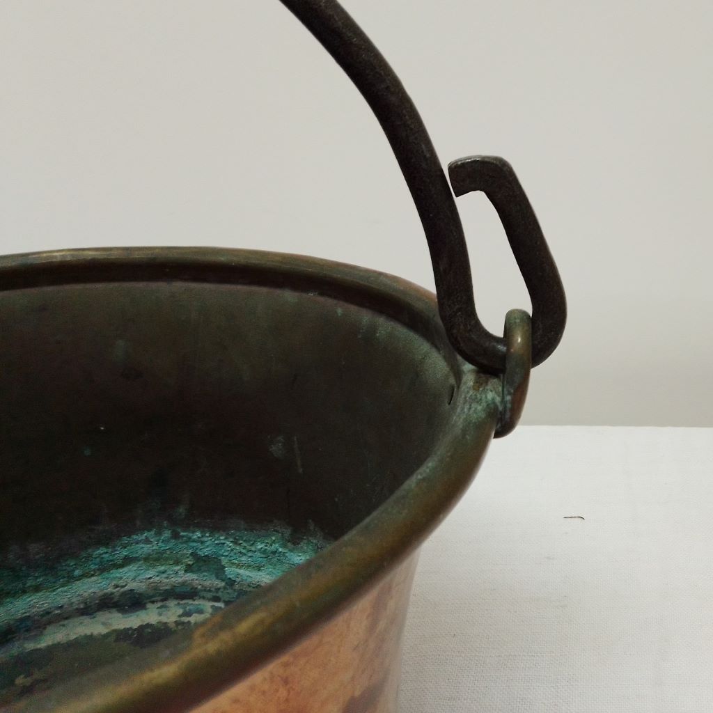 Blue patina of old french copper cauldron from French Originals NZ