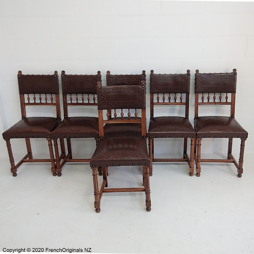 Set of Six French Antique Leather Chairs