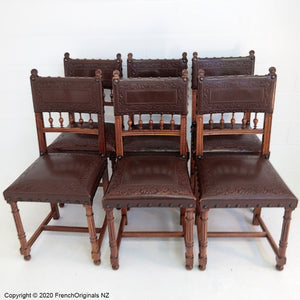 Set of Six French Antique Leather Chairs