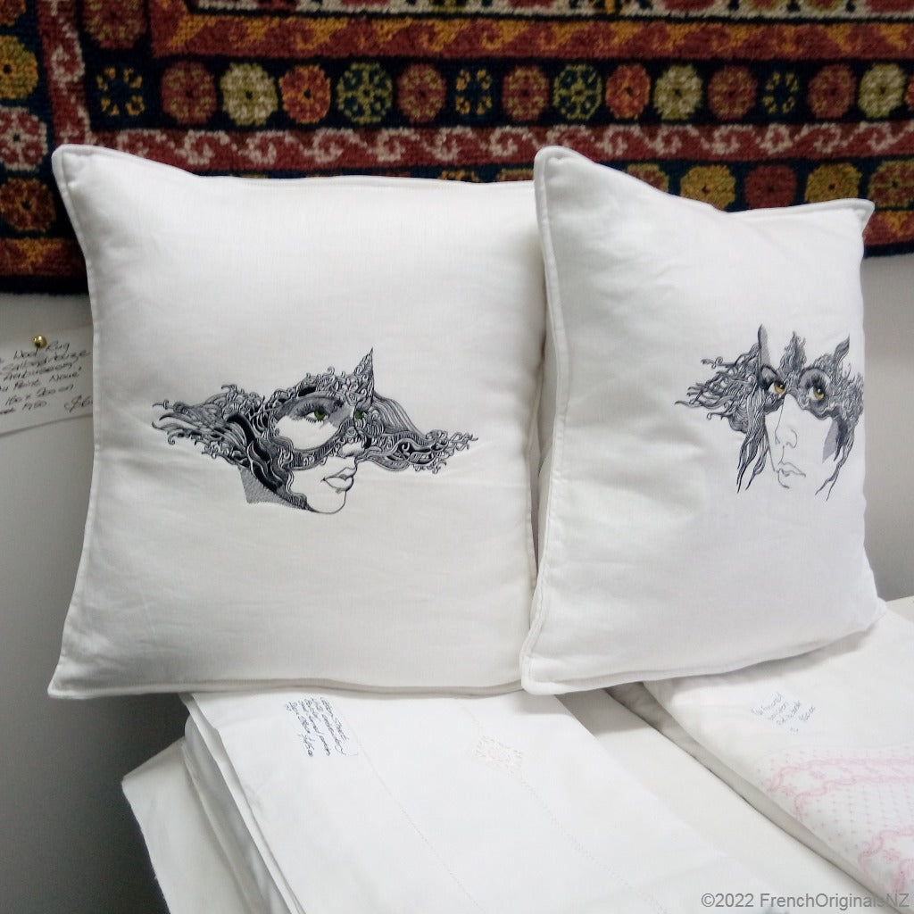 Handmade in NZ embroidered masked lady linen cushion